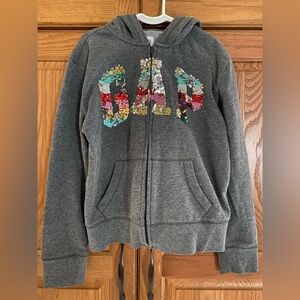GAP Kids Girls' Charcoal Gray Zip Hoodie with Multicolor Sequin Logo Size M (8)